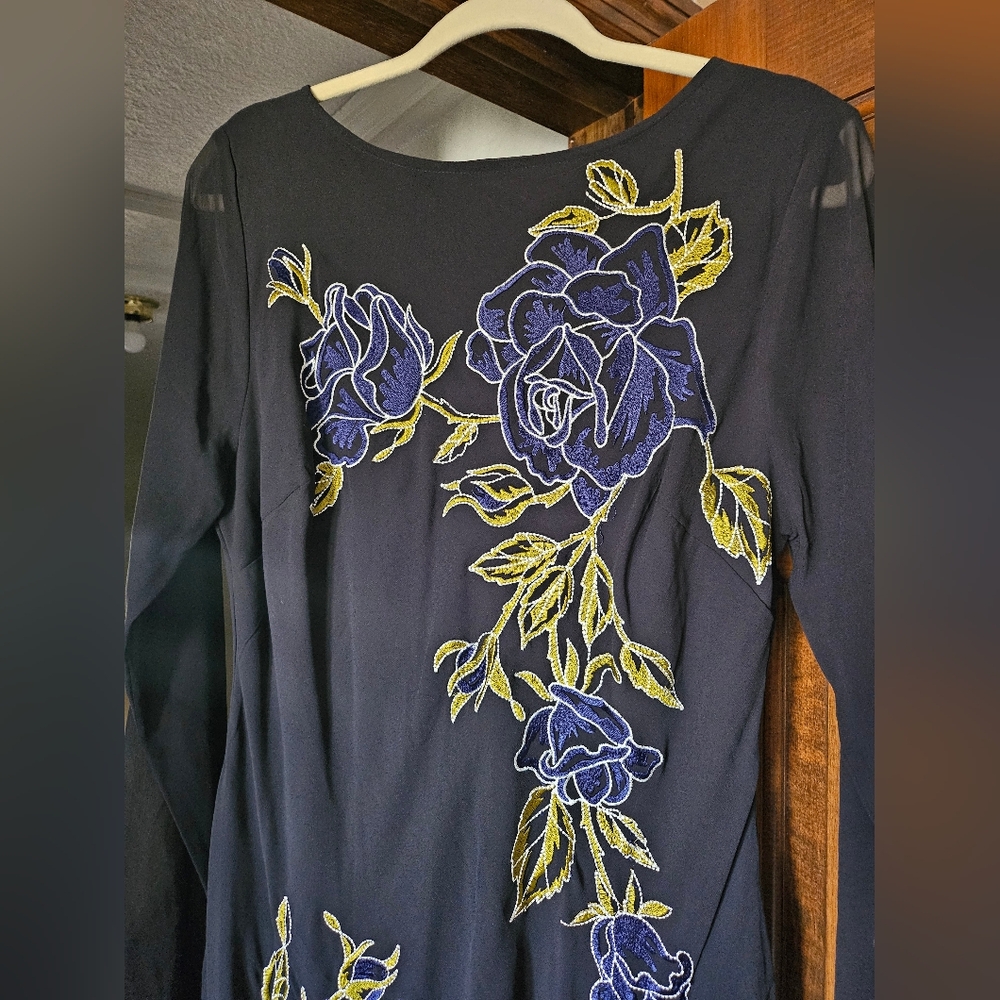 Navy Floral Embroidered Long-Sleeve Dress